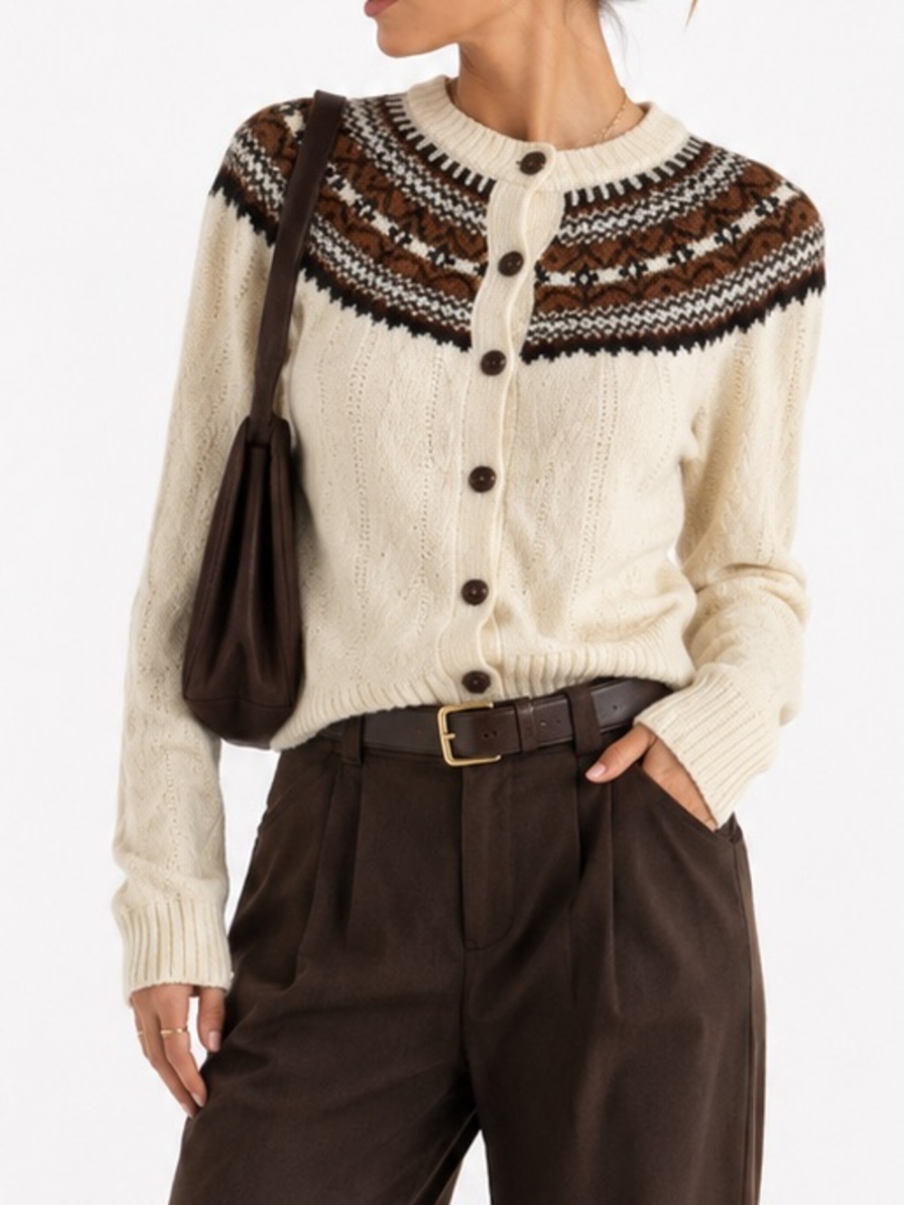 JW Anderson Uniqlo 100% Wool Fair Isle Cream and Brown Cardigan with Buttons